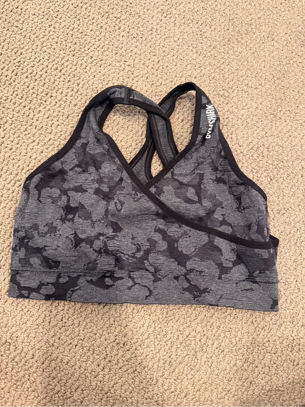 Gymshark Charcoal Camo Cross-Back Sports Bra in Dark Gray and Black